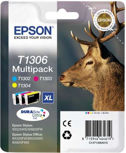 Epson T1306 Pack de 3 Cartuchos de Tinta Originales - Cian, Magenta, Amarillo