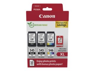 Canon PG545XL Negro + CL546XL Color Pack de 3 Cartuchos de Tinta Originales + 50 Hojas de Papel Fotografico