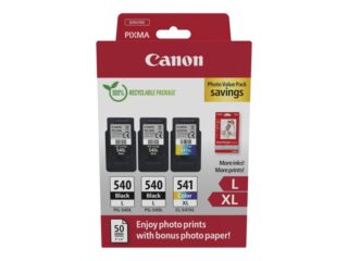 Canon PG540L Negro + CL541XL Color Pack de 3 Cartuchos de Tinta Originales + 50 Hojas de Papel Fotografico