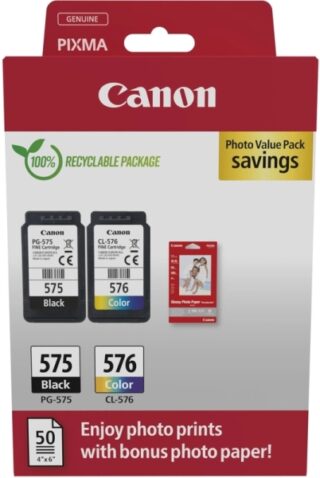Canon PG575/CL576 Pack de 2 Cartuchos de Tinta Originales + 50 Hojas de Papel Fotografico