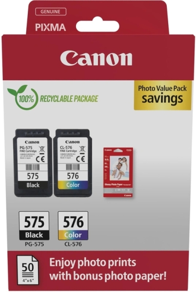Canon PG575/CL576 Pack de 2 Cartuchos de Tinta Originales + 50 Hojas de Papel Fotografico