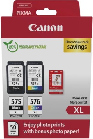 Canon PG575XL/CL576XL Multipack de 2 Cartuchos de Tinta Originales + 50 Hojas de Papel Fotografico