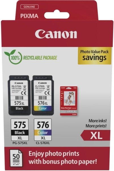 Canon PG575XL/CL576XL Multipack de 2 Cartuchos de Tinta Originales + 50 Hojas de Papel Fotografico