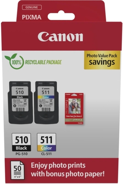 Canon PG-510/CL-511 Multipack de 2 Cartuchos de Tinta Originales + 50 Hojas de Papel Fotografico