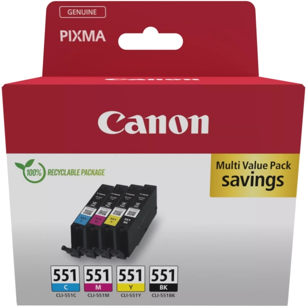 Canon CLI551 Multipack de 4 Cartuchos de Tinta Originales Negro, Cyan, Magenta y Amarillo