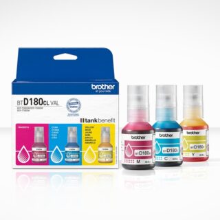 Brother BTD180CLVAL Pack de 3 Botellas de Tinta Original Cyan, Magenta y Amarillo