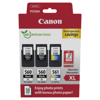 Canon PG-560XL/CL-561XL Pack de 3 Cartuchos de Tinta Originales + Papel Fotografico Brillante GP-501