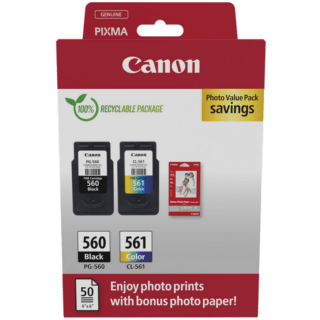 Canon PG560/CL561 Pack de 2 Cartuchos de Tinta Originales + Papel Fotografico Brillante GP-501